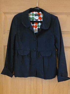 J. Crew Navy Linen Blend Peplum-Style Blazer with Polka Dot Lining